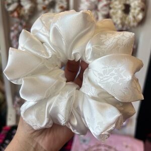 White Satin Floral Scrunchie - Ladies Hair Accessory